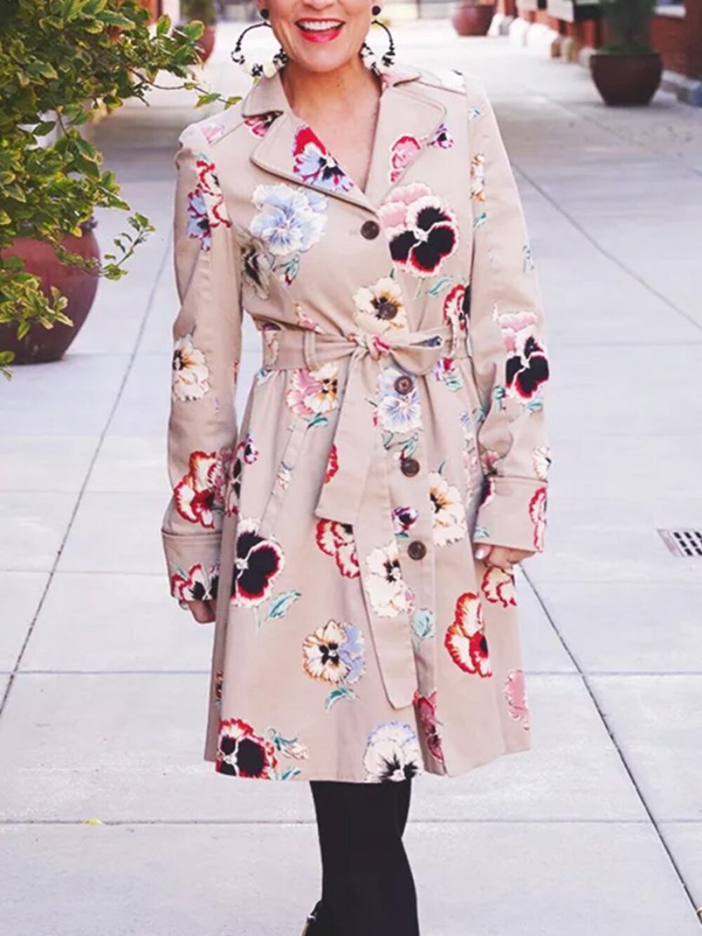 Elevenses Cotton Floral Lace Up Back Belted Trench Coat Size 0